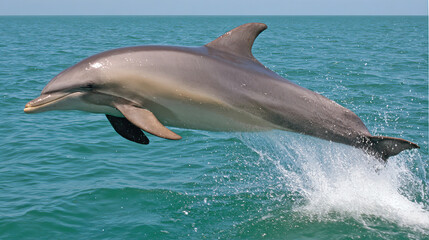 Fototapeta premium cetacean. Dolphin leaping from turquoise ocean waters, dynamic marine life in motion. wildlife magazines, conservation campaigns, designed for nature documentaries and education. 