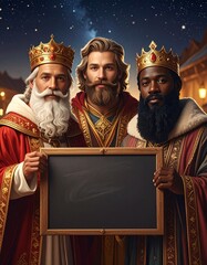 Tres Reyes Magos con coronas doradas y t&uacute;nicas elegantes posan sonrientes sosteniendo una pizarra vac&iacute;a, en una escena navide&ntilde;a m&aacute;gica bajo un cielo nocturno iluminado.
