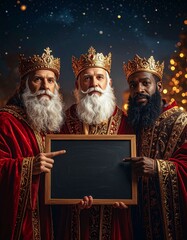 Tres Reyes Magos con coronas doradas y t&uacute;nicas elegantes posan sonrientes sosteniendo una pizarra vac&iacute;a, en una escena navide&ntilde;a m&aacute;gica bajo un cielo nocturno iluminado.