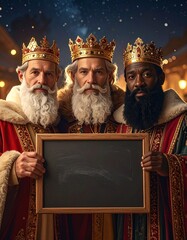 Tres Reyes Magos con coronas doradas y t&uacute;nicas elegantes posan sonrientes sosteniendo una pizarra vac&iacute;a, en una escena navide&ntilde;a m&aacute;gica bajo un cielo nocturno iluminado.