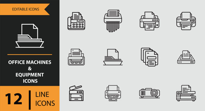Set of modern office machines and equipment editable line icons for business applications