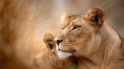 Side Profile of a Majestic Lioness in the Golden Savanna Grass