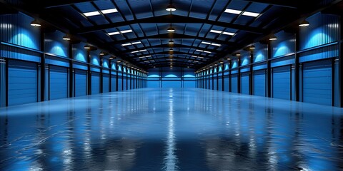 Abandoned blue warehouse with fog and reflective floor interior