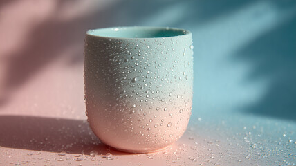 Pastel colored water glass with dew drops that give a fresh and clean look.