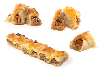 Delicious sweet baklava with walnuts isolated on white background.