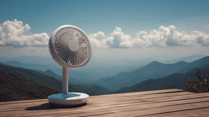 A portable fan on a wooden platform facing the mountains and blue sky.