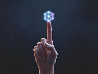 Hand interacting with glowing hexagon technology interface