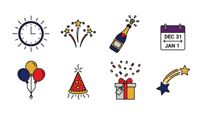 Festive Celebration Icons: A collection of vibrant icons capture the spirit of celebration, including a clock, fireworks, a champagne bottle, a calendar, balloons, a party hat, a gift.