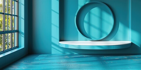 Modern teal room with circular shelf and large window