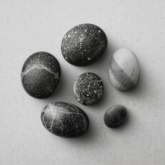 Black pebble and white pebble on white surface. Polished stones 