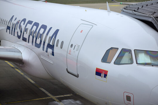 Air Serbia airplane on the runway of Nikola Tesla Airport in Belgrade, capital of Serbia