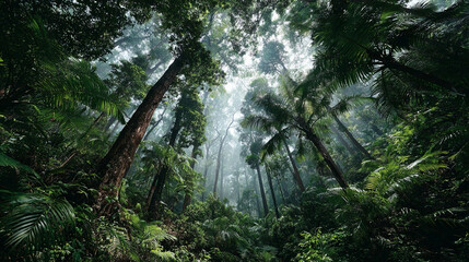 Dense tropical rainforest with lush green foliage and misty atmosphere