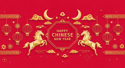 Naklejka premium Two golden horses celebrating the Chinese New Year with lanterns.