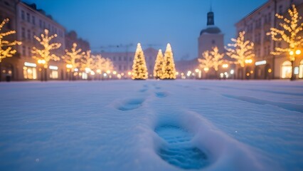 Obraz premium Vista nocturna de un parque invernal nevado y brillantes árboles de Navidad