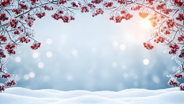 Marco de invierno con bayas rojas nevadas y ramas heladas