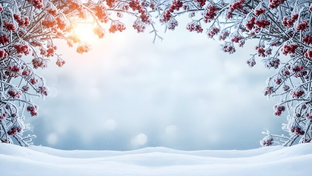 Marco de invierno con bayas rojas nevadas y ramas heladas