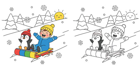 Cute cartoon little boy and penguin friend riding a colorful sled together. Happy kid and animal character enjoying winter fun with outline background.  © MstSangita