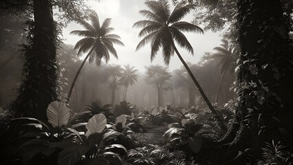 Papel tapiz fotogr&aacute;fico mural retro selva y hojas elegantes bosque tropical fondo vintage gr&aacute;ficos pintura arte tarjeta p&oacute;ster impresi&oacute;n interior - IA generativa