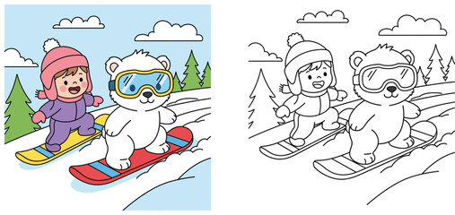 Fototapeta premium Cute cartoon polar bear and little girl snowboarding together on snowy hill. Happy animal character wearing goggles and kid playing winter sport vector illustration for children design.