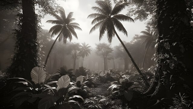 Papel tapiz fotogr&aacute;fico mural retro selva y hojas elegantes bosque tropical fondo vintage gr&aacute;ficos pintura arte tarjeta p&oacute;ster impresi&oacute;n interior - IA generativa