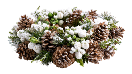Festive winter wreath adorned with pinecones and snow creates a cozy holiday atmosphere