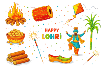 Colorful lohri celebration elements including a bonfire kites and traditional foods on a clean white background cutout