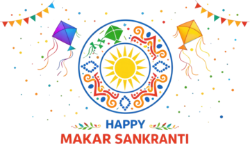 Colorful festive design celebrating makar sankranti with kites sun and decorative elements in a vibrant alpha channel with white background