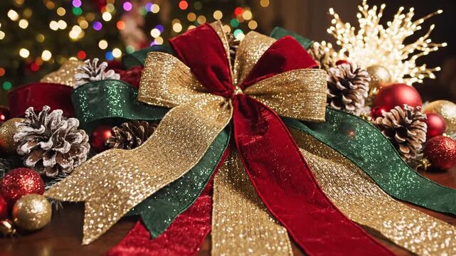 Festive decorations bows ornaments and pine cones display