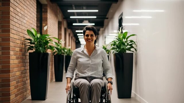 Woman in a wheelchair smiling in a modern office hallway