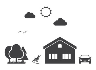 man seat on rocking chair in village house icon