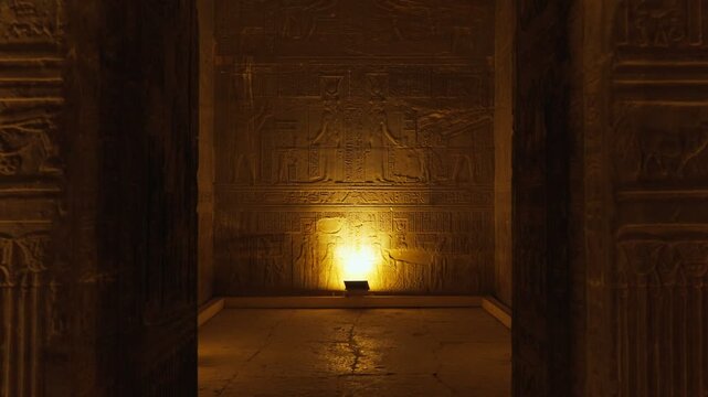 Ancient hieroglyphic carvings on the walls of the temple in Dendera or the temple of Hathor in Egypt. The ancient civilization of the Pharaohs of Egypt.