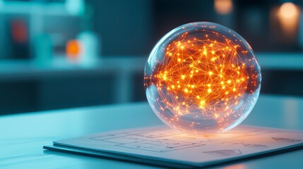 A glowing sphere with interconnected lines and nodes, symbolizing data networks and digital connectivity, placed on a blueprint.