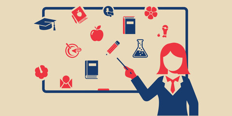 Flat vector illustration of a teacher pointing at a board with academic icons, education concept