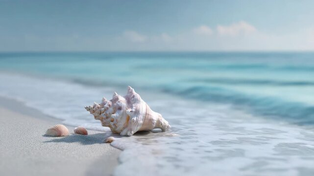 Serene beach scene with shells and gentle waves crashing ashore