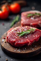 Raw Steak Prepared For Dinner on Wooden Board