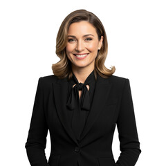 This is a professional portrait of a woman dressed in a formal business suit and tie. She has blonde hair styled in loose waves and