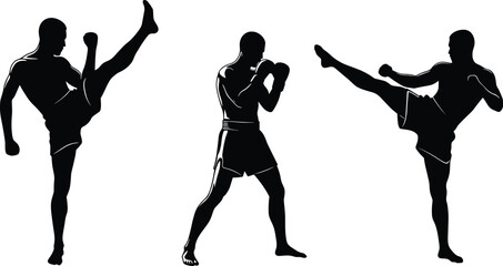 Muay Thai silhouettes, martial arts poses, kickboxing techniques, fighting stance, high kicks, black illustration, combat sport, athletic motion, white background