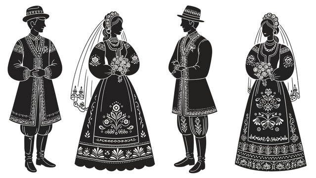 Traditional Folk Art Wedding Couples Vector Silhouette Set. Brides and Grooms in Ethnic Floral Costumes and Hats