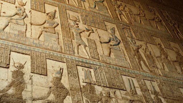 Ancient Egyptian hieroglyphs carved on the stone walls of temples, tombs, pyramids. Ancient hieroglyphic carvings. The history of Egypt.