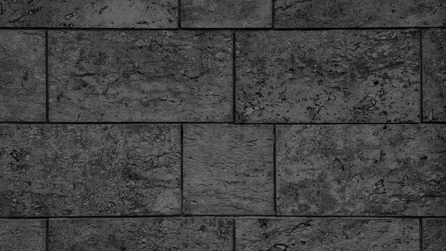 Dark Black Travertine Wall Texture: Natural stone facade with rough, porous surface and grout lines. Elegant, rustic exterior or interior architectural background.