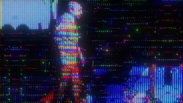 4K Digital Human Figure Glitch Animation with Corrupted Signal Pixel Distortion Noise and Broadcast Artifacting as Reusable Interface Overlay Layer for UI HUD Motion Graphics Systems