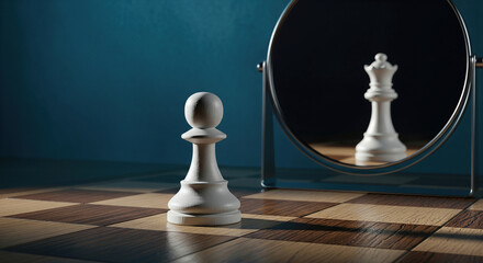 White chess pawn standing on a wooden board looking into a mirror and seeing a queen reflection against a blue background, symbolizing potential and leadership.