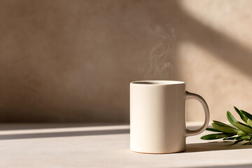 Fototapeta premium winter morning serenity, relaxing january ambiance serene background with a ceramic mug emitting steam in soft natural light