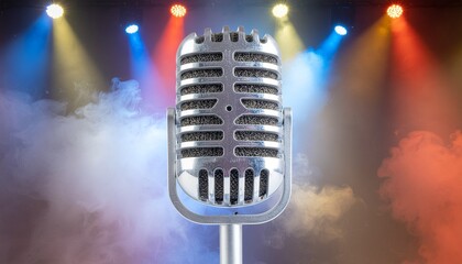 Vintage microphone on stage with colorful spotlights and smoke
