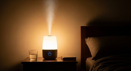 A lit humidifier emitting a stream of steam on a wooden table in a dimly lit bedroom at night