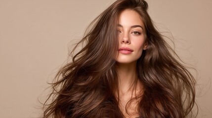 Young woman with natural beauty and healthy, shiny, flowing long brown hair expressing confidence and wellness, showcasing glowing skin and feminine allure