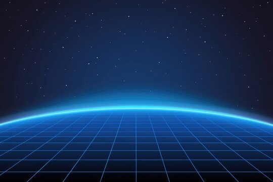 Blue grid background with glowing earth center, starry sky and neon light effect for space theme vector digital art