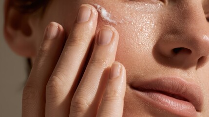 Person applying moisturizing face cream on cheek during daily beauty care routine, hydrating skin for freshness and glow, close up on hand and facial skincare treatment