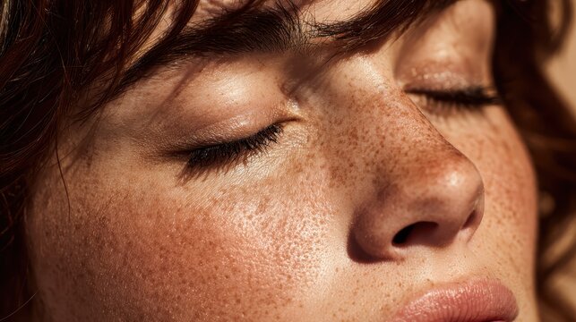 Woman's face in close up, eyes closed, freckles glowing in warm golden sunlight, conveying natural beauty, serene relaxation and healthy, sun kissed skin during a peaceful moment