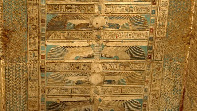 The interior of the temple in Dendera or the temple of Hathor. Ancient hieroglyphic carvings in the temple. An ancient Egyptian landmark in the vicinity of the city of Kena.